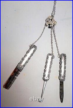 1 Small Antique Sterling Well Marked CHATELAINE Necklace, Hook, Comb, File OOAK