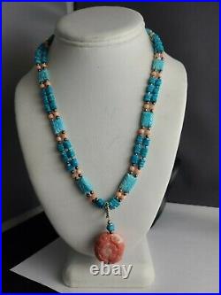 18 Inch Stearling Silver Carved Coral Turquoise Necklace Signed And Marked