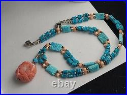 18 Inch Stearling Silver Carved Coral Turquoise Necklace Signed And Marked