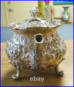 1868-1890 S Kirk & Son Sterling Silver Teapot Floral Repousse Early 11oz Mark