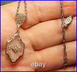 1920 Camphor Glass Necklace Marked Pat Sterling Dainty Filigree Paper Clip Neckl
