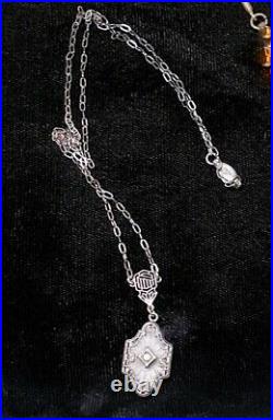 1920 Camphor Glass Necklace Marked Pat Sterling Dainty Filigree Paper Clip Neckl