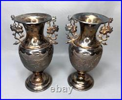 19c. Antique Pair China Chinese Sterling Silver Vases Bamboo Birds Flowers Marked
