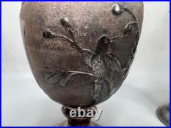 19c. Antique Pair China Chinese Sterling Silver Vases Bamboo Birds Flowers Marked