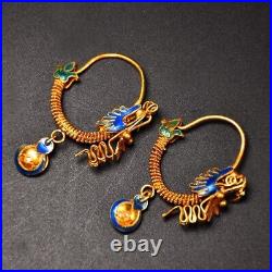 2'' Marked Chinese Sterling Silver Gilt Dynasty Palace Earrings Animal Dragon