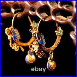 2'' Marked Chinese Sterling Silver Gilt Dynasty Palace Earrings Animal Dragon