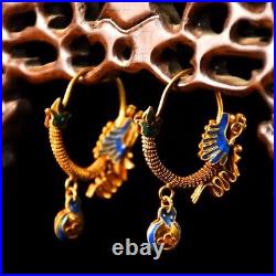 2'' Marked Chinese Sterling Silver Gilt Dynasty Palace Earrings Animal Dragon