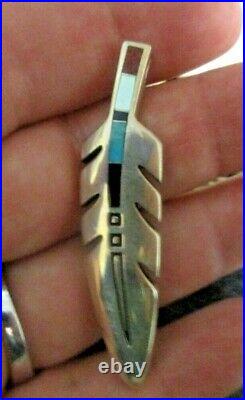2 Ray Tracey Inlay Feather Pendant Turquoise Marked Signed Navajo Designer