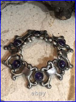 2. Vintage Marked Sterling Silver 925 Amethyst Linked bracelet 34.7g, 7 Mexico