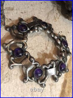 2. Vintage Marked Sterling Silver 925 Amethyst Linked bracelet 34.7g, 7 Mexico