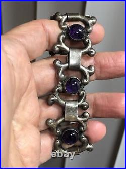 2. Vintage Marked Sterling Silver 925 Amethyst Linked bracelet 34.7g, 7 Mexico