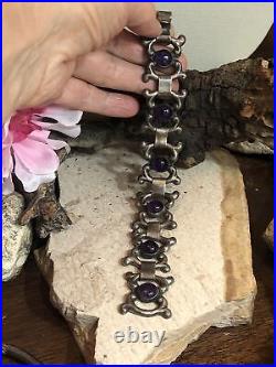 2. Vintage Marked Sterling Silver 925 Amethyst Linked bracelet 34.7g, 7 Mexico