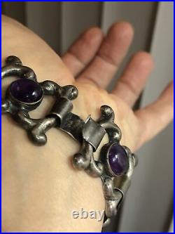 2. Vintage Marked Sterling Silver 925 Amethyst Linked bracelet 34.7g, 7 Mexico