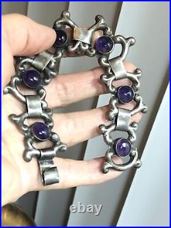 2. Vintage Marked Sterling Silver 925 Amethyst Linked bracelet 34.7g, 7 Mexico