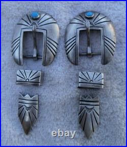 2 Vintage Sterling Silver Turquoise 3 Pc. Marked CB 5/8 in. Buckle Sets