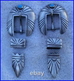 2 Vintage Sterling Silver Turquoise 3 Pc. Marked CB 5/8 in. Buckle Sets