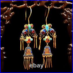 3.6'' Marked Chinese Sterling Silver Gilt Dynasty Palace Earrings butterfly