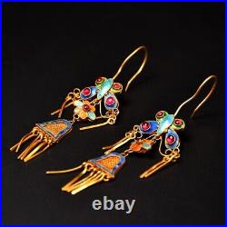 3.6'' Marked Chinese Sterling Silver Gilt Dynasty Palace Earrings butterfly