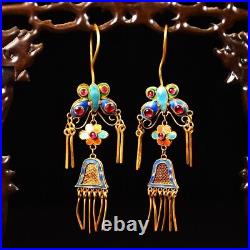 3.6'' Marked Chinese Sterling Silver Gilt Dynasty Palace Earrings butterfly