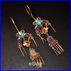 3.6'' Marked Chinese Sterling Silver Gilt Dynasty Palace Earrings butterfly