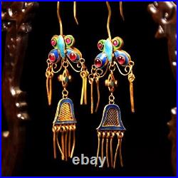 3.6'' Marked Chinese Sterling Silver Gilt Dynasty Palace Earrings butterfly