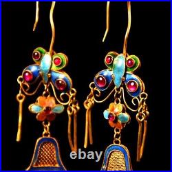 3.6'' Marked Chinese Sterling Silver Gilt Dynasty Palace Earrings butterfly