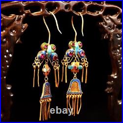 3.6'' Marked Chinese Sterling Silver Gilt Dynasty Palace Earrings butterfly