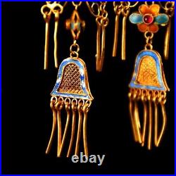 3.6'' Marked Chinese Sterling Silver Gilt Dynasty Palace Earrings butterfly