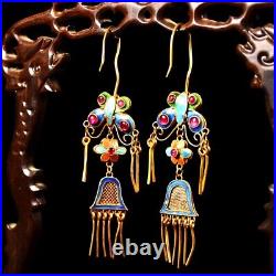 3.6'' Marked Chinese Sterling Silver Gilt Dynasty Palace Earrings butterfly