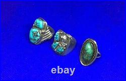 3 Natural Nugget Blue Turquoise Navajo Sterling Rings mens & womans Lot marked