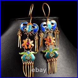 4'' Marked Chinese Sterling Silver Gilt Dynasty Palace Earrings bat flower