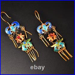 4'' Marked Chinese Sterling Silver Gilt Dynasty Palace Earrings bat flower