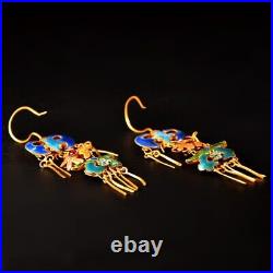 4'' Marked Chinese Sterling Silver Gilt Dynasty Palace Earrings bat flower