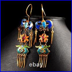 4'' Marked Chinese Sterling Silver Gilt Dynasty Palace Earrings bat flower