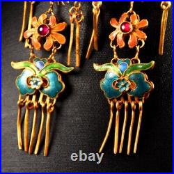 4'' Marked Chinese Sterling Silver Gilt Dynasty Palace Earrings bat flower