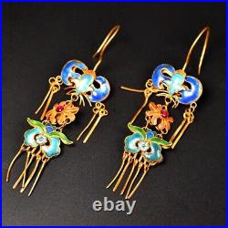 4'' Marked Chinese Sterling Silver Gilt Dynasty Palace Earrings bat flower