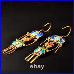 4'' Marked Chinese Sterling Silver Gilt Dynasty Palace Earrings bat flower