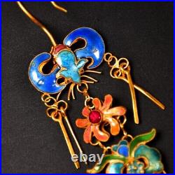 4'' Marked Chinese Sterling Silver Gilt Dynasty Palace Earrings bat flower