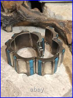 6. Vintage Sterling Silver Inlay Turquoise Pannel Bracelet 66.5g, 7 Mexico