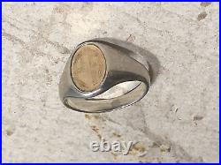 925 Sterling Silver 14K Yellow Gold Initial e? Engraved Signet Ring 8s, 5.9g