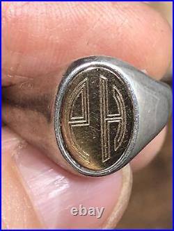 925 Sterling Silver 14K Yellow Gold Initial e? Engraved Signet Ring 8s, 5.9g