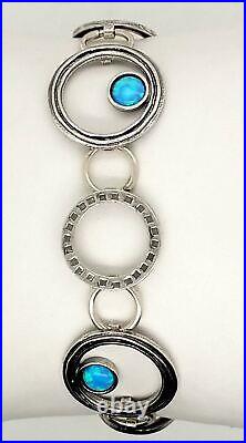 925 Sterling Silver 7.5 Inch Bracelet With Opal Circles Marked ISRAEL 15.2 Grams