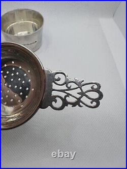 925 Sterling Silver Double Handle Tea Strainer with Stand Birmingham, UK Marked