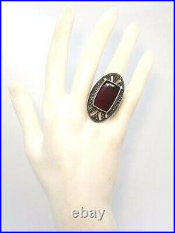 925 Sterling Silver and Carnelian and Marcasite Ring w European Marks