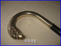 ANTIQUE ART DECO PARROT HEAD MARKED STERLING SILVER 800 WALKING STICK CANE 1900s