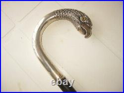 ANTIQUE ART DECO PARROT HEAD MARKED STERLING SILVER 800 WALKING STICK CANE 1900s