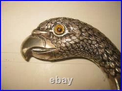 ANTIQUE ART DECO PARROT HEAD MARKED STERLING SILVER 800 WALKING STICK CANE 1900s