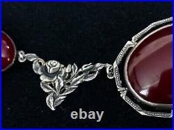 ANTIQUE STERLING SILVER CARNELIANS NECKLACE FROM 1930th. CHASED ROSES MARKED