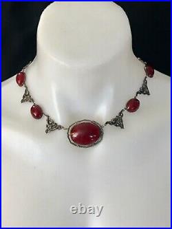 ANTIQUE STERLING SILVER CARNELIANS NECKLACE FROM 1930th. CHASED ROSES MARKED