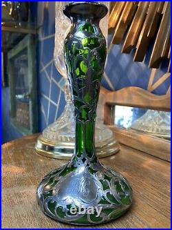 Alvin Fine. 999 Sterling Silver Overlay Green Glass Vase Mark G3336 Art Nouveau